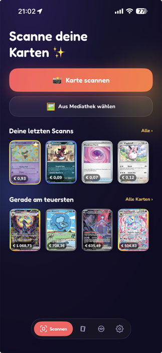 Cardello App: Karte scannen und Wert sehen