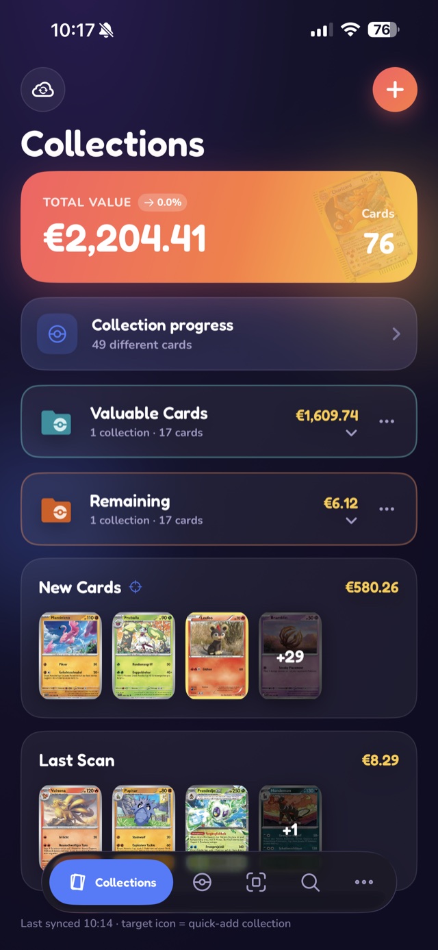 Cardello collection overview with total value, card count and folders