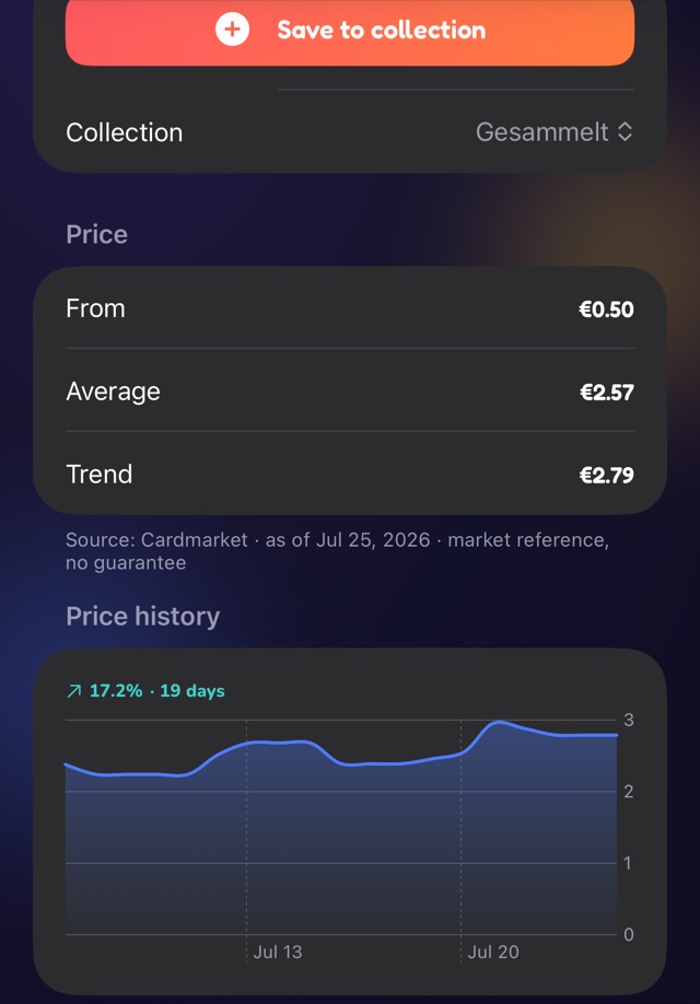 Cardello displays a Pokémon card's Cardmarket price and price history