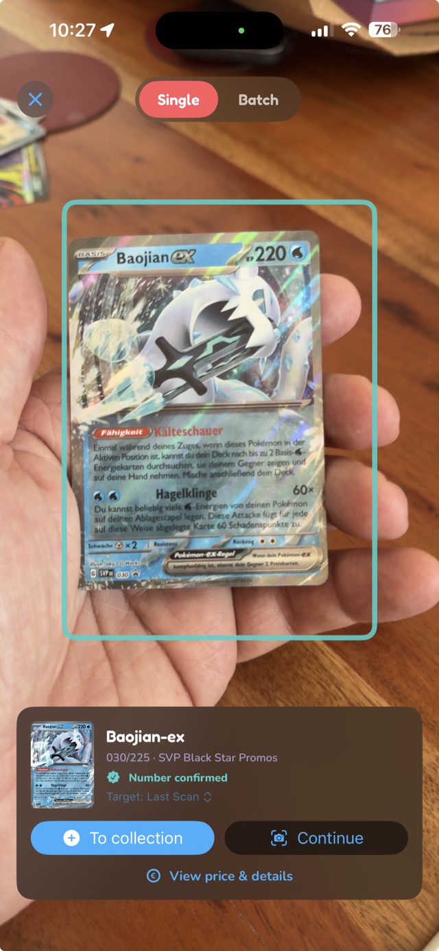 Cardello identifies a German Pokémon card live through the iPhone camera