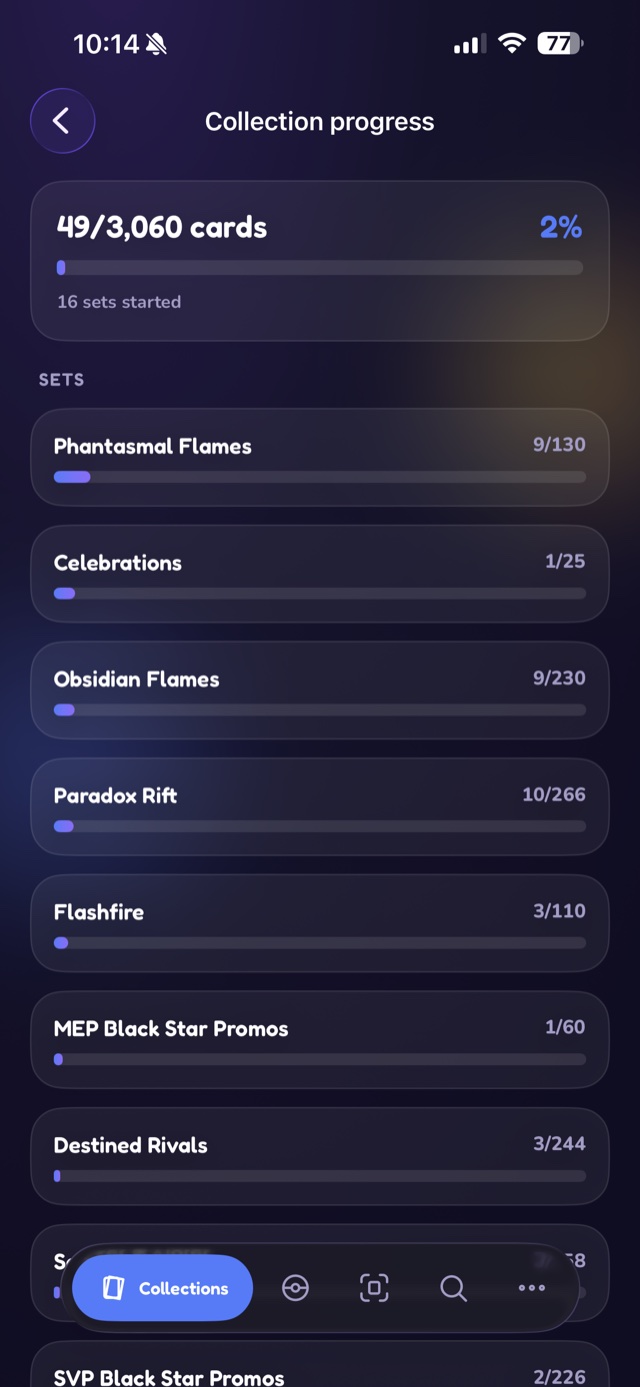 Cardello set tracker showing collection progress across Pokémon card sets