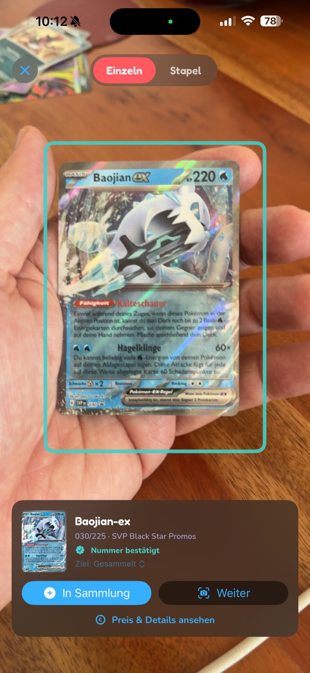Cardello erkennt die deutsche Pokémon-Karte Baojian-ex live mit der iPhone-Kamera