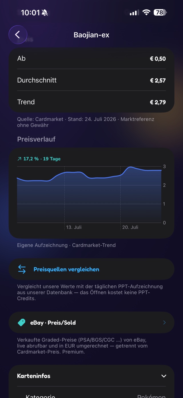 Cardello zeigt Cardmarket-Preis und Preisverlauf einer Pokémon-Karte
