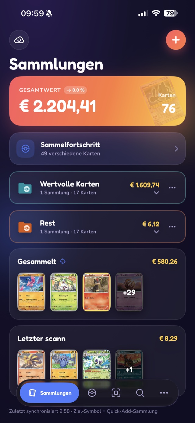 Cardello Sammlungsübersicht mit Gesamtwert, Kartenanzahl und Ordnern